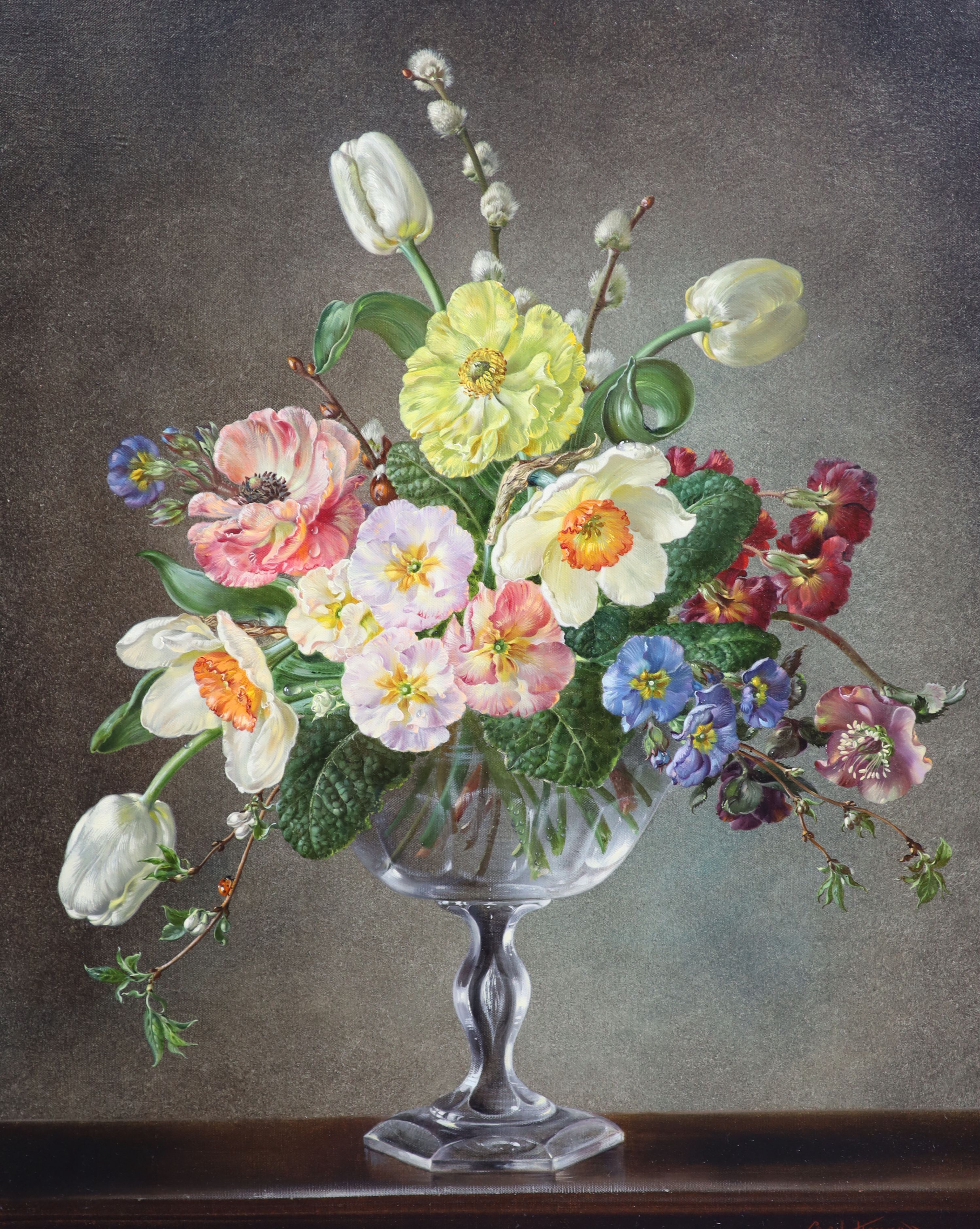 Cecil Kennedy (1905-1997), Spring, Ranunculus, Polyanthus, Tulips and other flowers, oil on canvas, 49.5 x 39.5cm